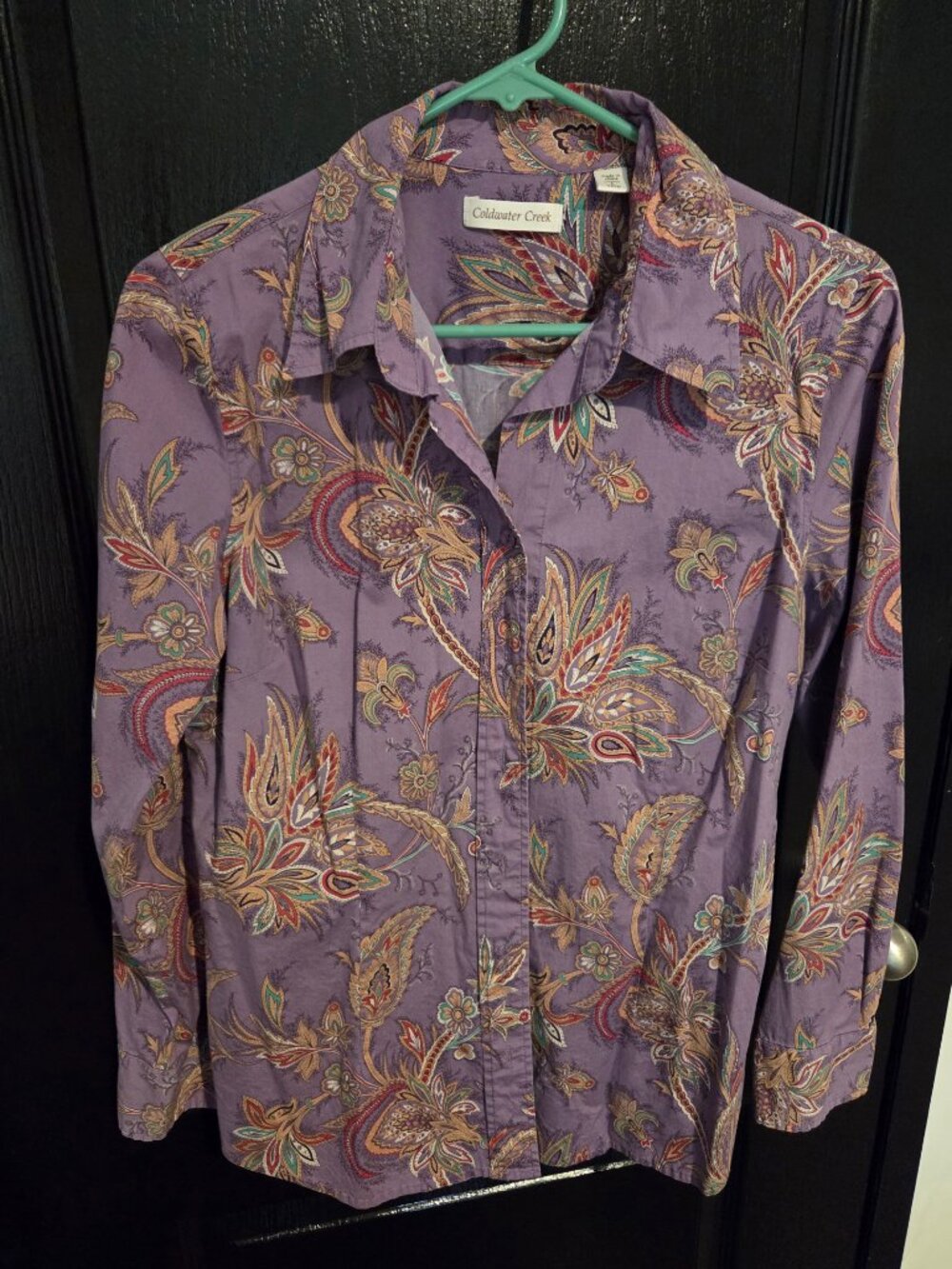 Coldwater Creek Women’s L Purple Paisley Button Down Shirt Stretch Cotton Floral